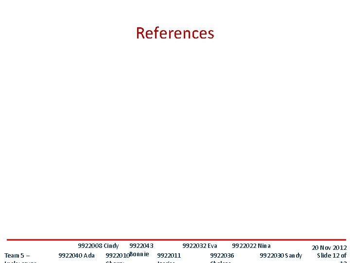 References Team 5 – 9922043 9922008 Cindy 9922032 Eva 9922022 Nina 9922040 Ada 9922010