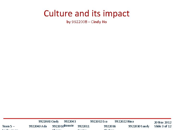 Culture and its impact by 9922008 – Cindy Ho Team 5 – 9922043 9922008