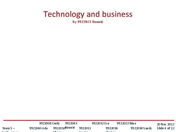 Technology and business by 9922043 Bonnie Team 5 – 9922043 9922008 Cindy 9922032 Eva