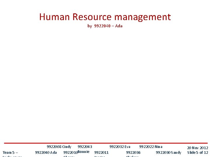 Human Resource management by 9922040 – Ada Team 5 – 9922043 9922008 Cindy 9922032