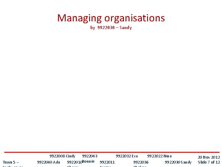 Managing organisations by 9922030 – Sandy Team 5 – 9922043 9922008 Cindy 9922032 Eva