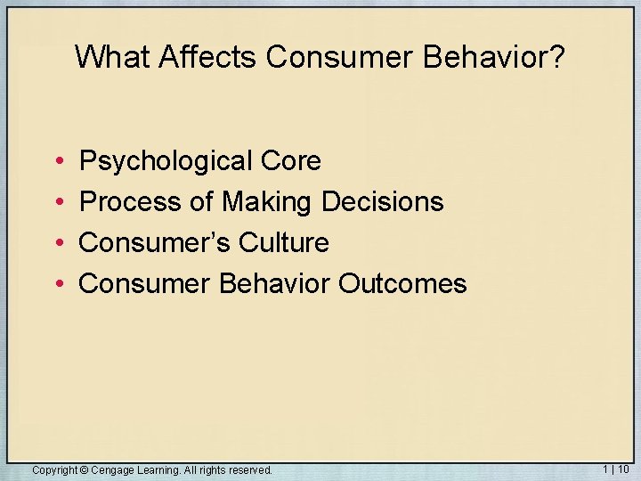 What Affects Consumer Behavior? • • Psychological Core Process of Making Decisions Consumer’s Culture