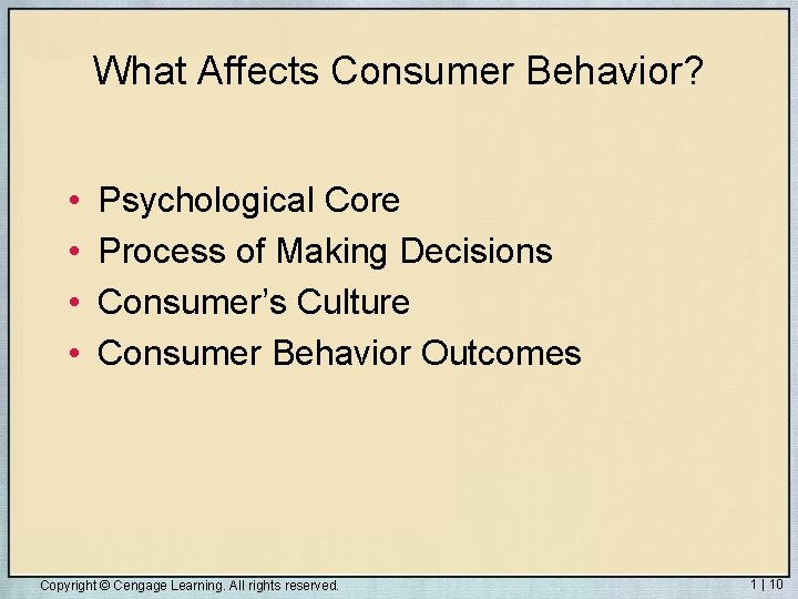 What Affects Consumer Behavior? • • Psychological Core Process of Making Decisions Consumer’s Culture What Affects Consumer Behavior? • • Psychological Core Process of Making Decisions Consumer’s Culture