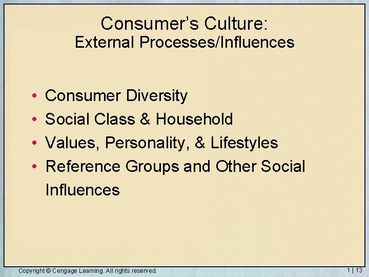 Consumer’s Culture: External Processes/Influences • • Consumer Diversity Social Class & Household Values, Personality,