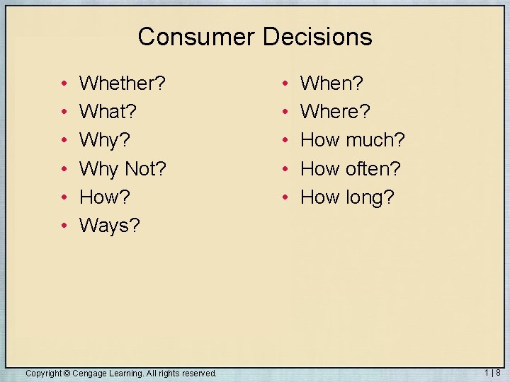 Consumer Decisions • • • Whether? What? Why Not? How? Ways? Copyright © Cengage