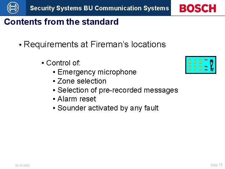 Security Systems BU Communication Systems Contents from the standard • Requirements at Fireman’s locations