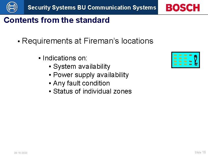 Security Systems BU Communication Systems Contents from the standard • Requirements at Fireman’s locations