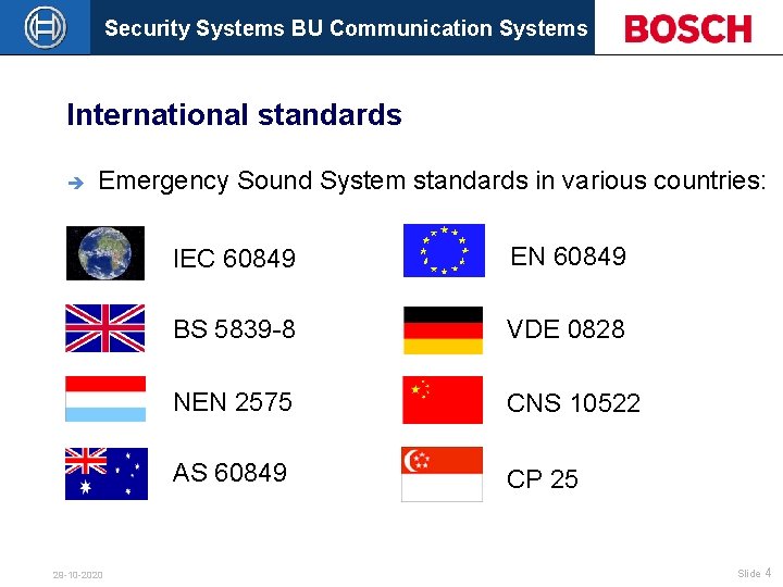 Security Systems BU Communication Systems International standards è Emergency Sound System standards in various