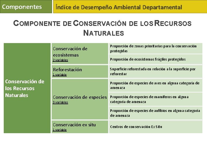 Componentes Índice de Desempeño Ambiental Departamental COMPONENTE DE CONSERVACIÓN DE LOS RECURSOS NATURALES Conservación