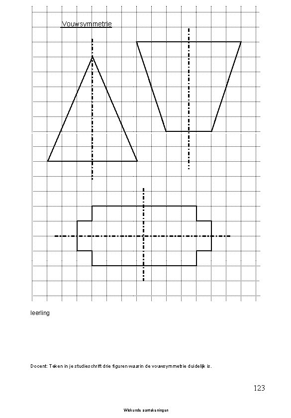 Vouwsymmetrie leerling Docent: Teken in je studieschrift drie figuren waarin de vouwsymmetrie duidelijk is.