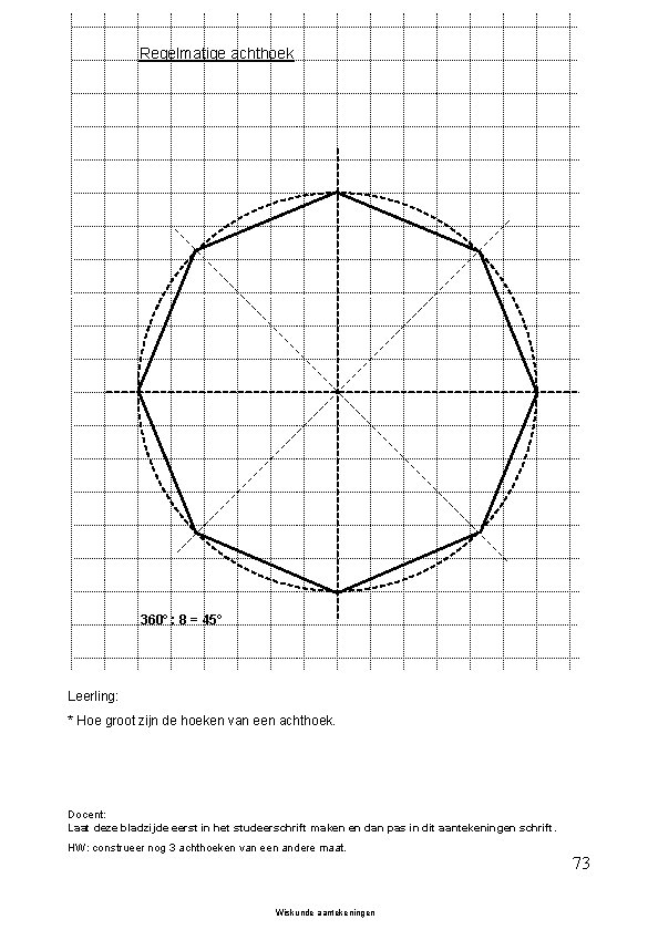 Regelmatige achthoek 360° : 8 = 45° Leerling: * Hoe groot zijn de hoeken