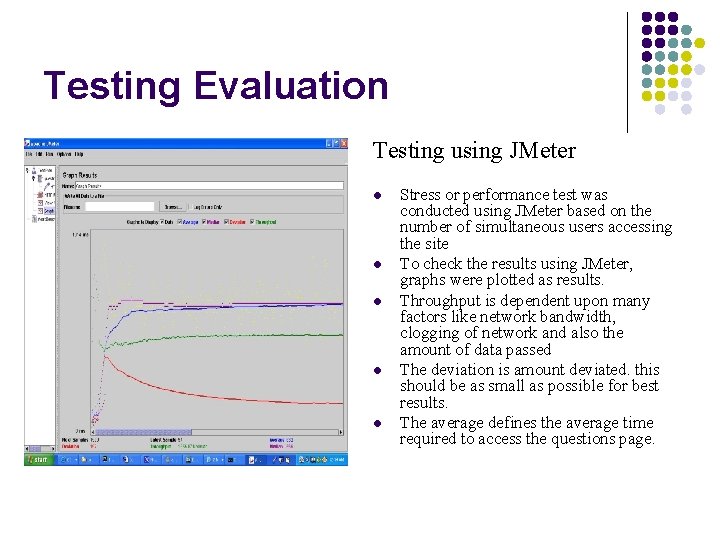Testing Evaluation Testing using JMeter l l l Stress or performance test was conducted