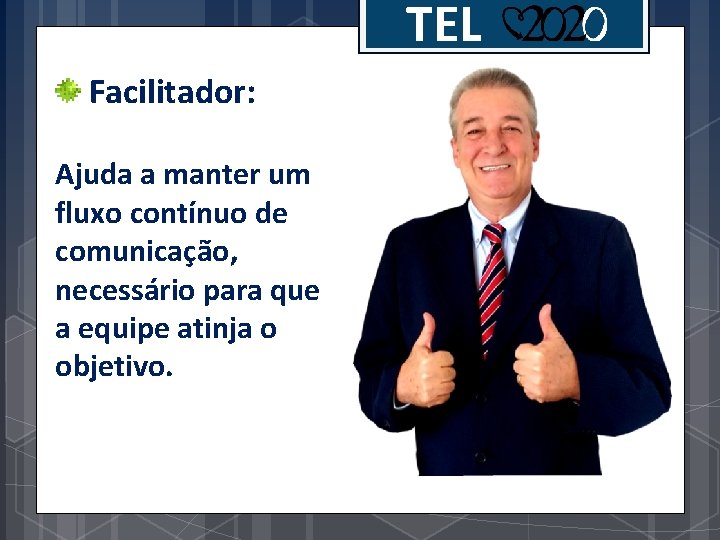 TEL Facilitador: Ajuda a manter um fluxo contínuo de comunicação, necessário para que a