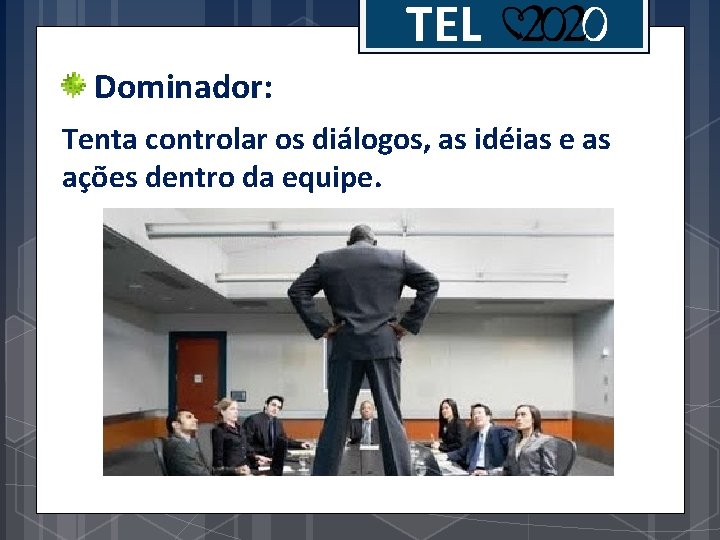 TEL Dominador: Tenta controlar os diálogos, as idéias e as ações dentro da equipe.