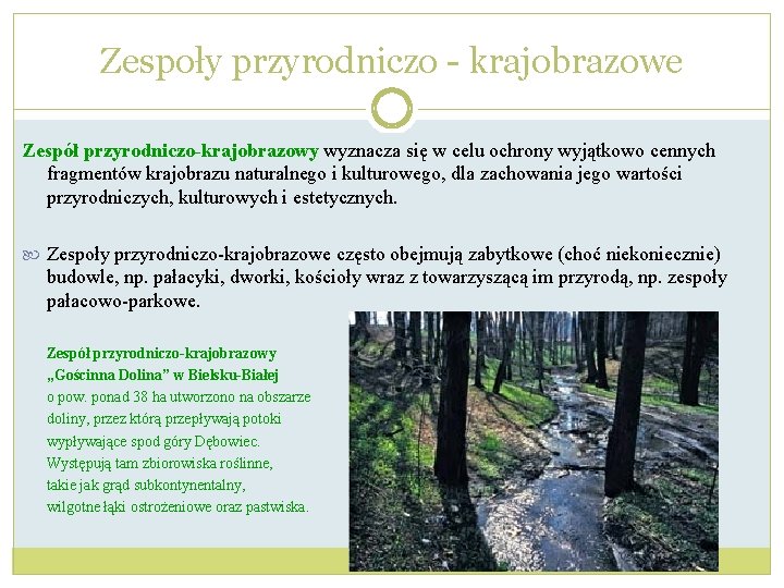 Zespoły przyrodniczo - krajobrazowe Zespół przyrodniczo-krajobrazowy wyznacza się w celu ochrony wyjątkowo cennych fragmentów Zespoły przyrodniczo - krajobrazowe Zespół przyrodniczo-krajobrazowy wyznacza się w celu ochrony wyjątkowo cennych fragmentów