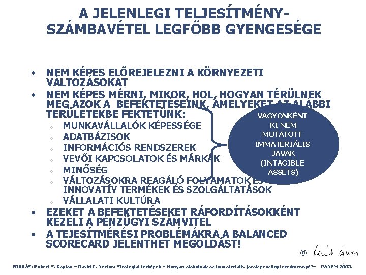 A JELENLEGI TELJESÍTMÉNYSZÁMBAVÉTEL LEGFŐBB GYENGESÉGE • • NEM KÉPES ELŐREJELEZNI A KÖRNYEZETI VÁLTOZÁSOKAT NEM