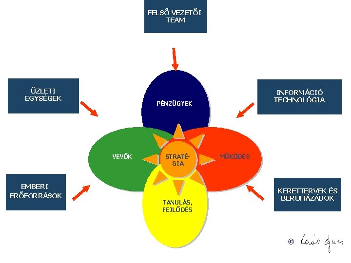 FELSŐ VEZETŐI TEAM ÜZLETI EGYSÉGEK PÉNZÜGYEK VEVŐK EMBERI ERŐFORRÁSOK INFORMÁCIÓ TECHNOLÓGIA STRATÉGIA TANULÁS, FEJLŐDÉS