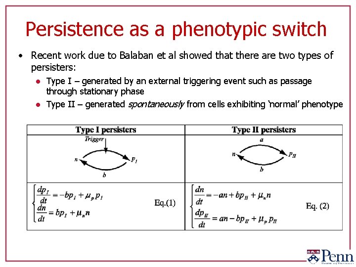 Persistence as a phenotypic switch • Recent work due to Balaban et al showed