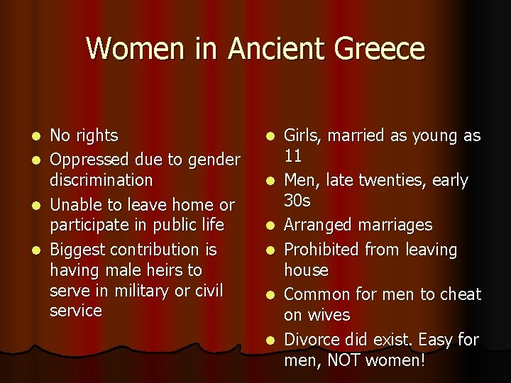 Women in Ancient Greece No rights l Oppressed due to gender discrimination l Unable