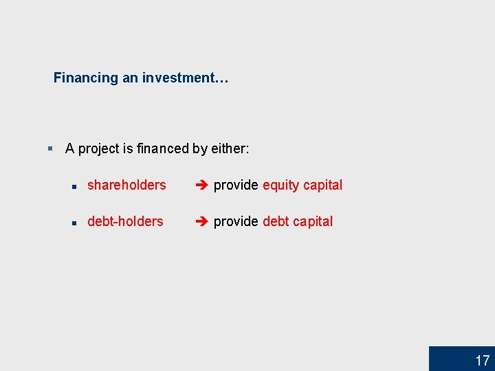 Financing an investment… § A project is financed by either: n shareholders provide equity