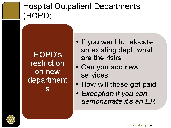 Hospital Outpatient Departments (HOPD) HOPD's restriction on new department s • If you want