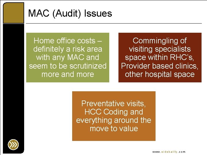 MAC (Audit) Issues Home office costs – definitely a risk area with any MAC