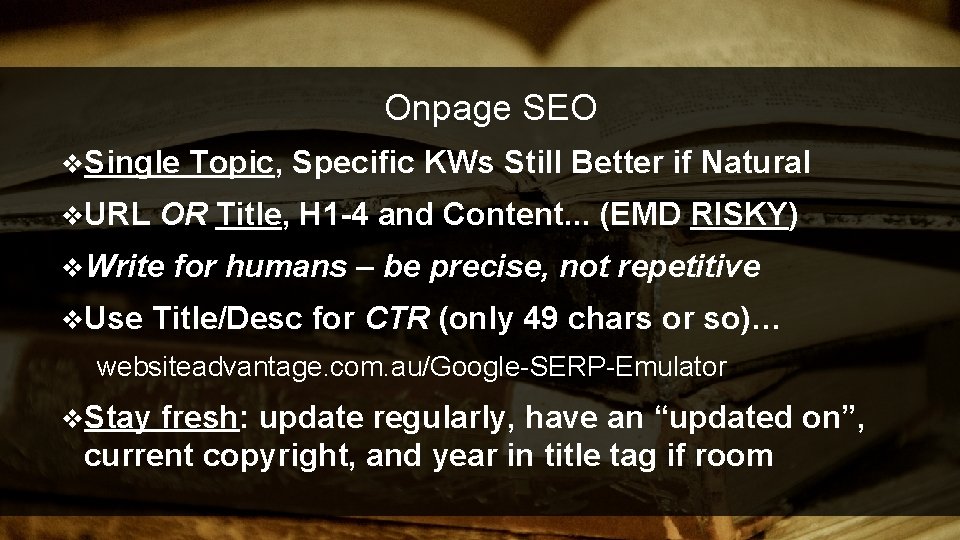 Onpage SEO v. Single v. URL Topic, Specific KWs Still Better if Natural OR