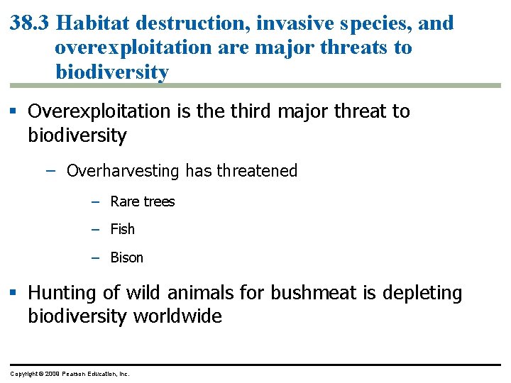 38. 3 Habitat destruction, invasive species, and overexploitation are major threats to biodiversity §