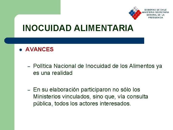 GOBIERNO DE CHILE MINISTERIO SECRETARIA GENERAL DE LA PRESIDENCIA INOCUIDAD ALIMENTARIA l AVANCES –