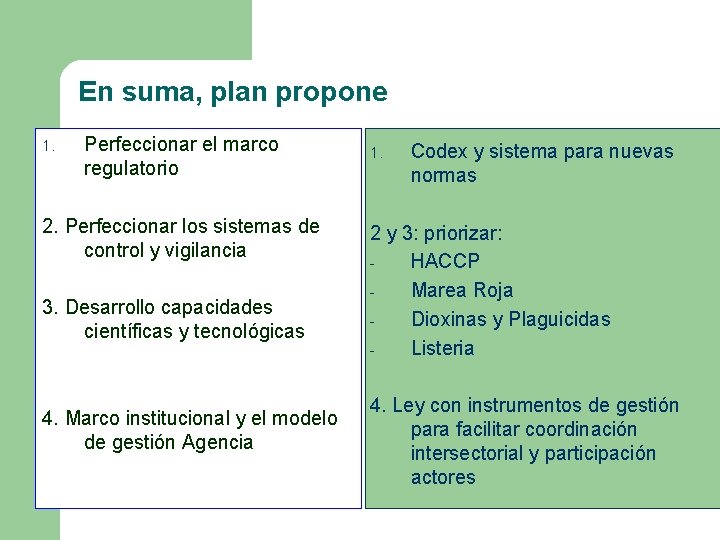 En suma, plan propone 1. Perfeccionar el marco regulatorio 2. Perfeccionar los sistemas de