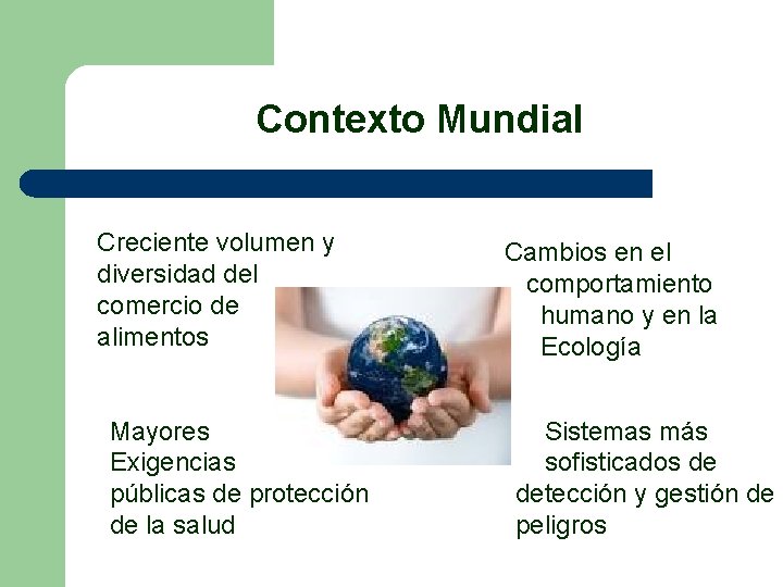 Contexto Mundial Creciente volumen y diversidad del comercio de alimentos Mayores Exigencias públicas de