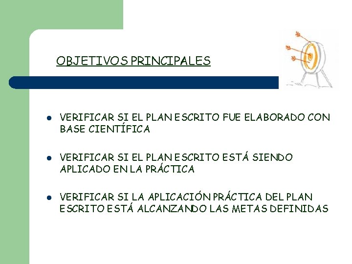 OBJETIVOS PRINCIPALES l l l VERIFICAR SI EL PLAN ESCRITO FUE ELABORADO CON BASE