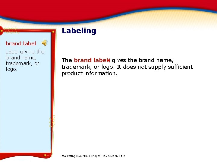 Labeling brand label Label giving the brand name, trademark, or logo. The brand label.