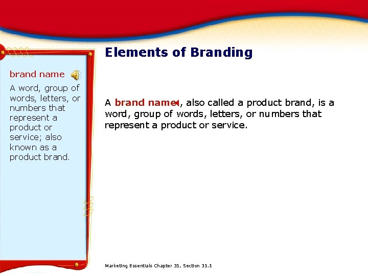 Elements of Branding brand name A word, group of words, letters, or numbers that