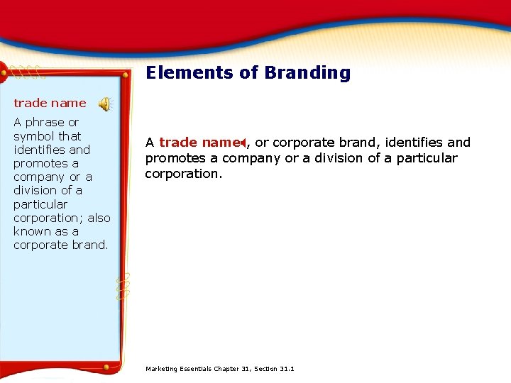 Elements of Branding trade name A phrase or symbol that identifies and promotes a