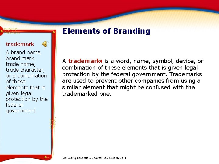 Elements of Branding trademark A brand name, brand mark, trade name, trade character, or