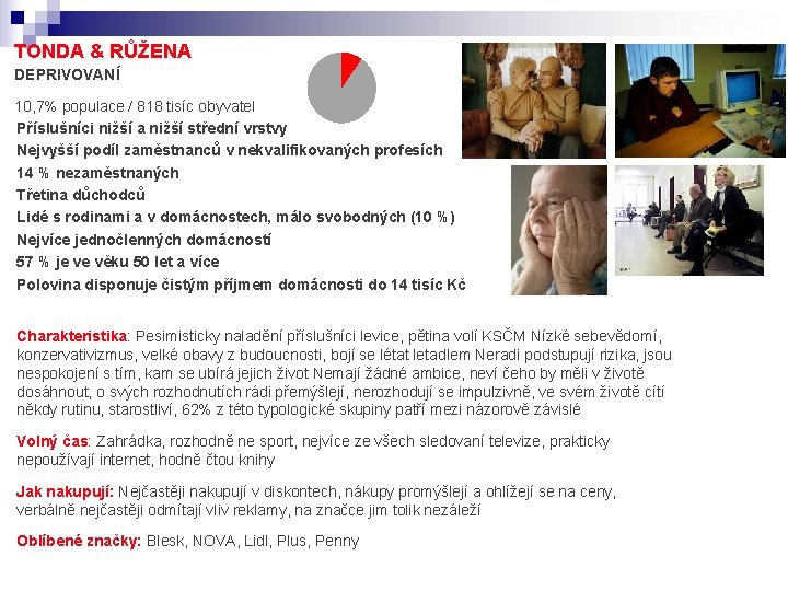 TONDA & RŮŽENA DEPRIVOVANÍ 10, 7% populace / 818 tisíc obyvatel Příslušníci nižší a