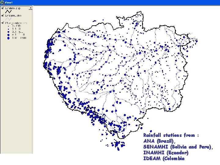 Rainfall stations from : ANA (Brazil), SENAMHI (Bolivia and Peru), INAMHI (Ecuador) IDEAM (Colombia