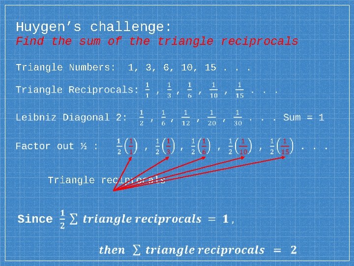 Huygen’s challenge: Find the sum of the triangle reciprocals Triangle Numbers: 1, 3, 6,