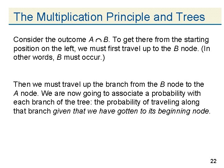 The Multiplication Principle and Trees Consider the outcome A B. To get there from