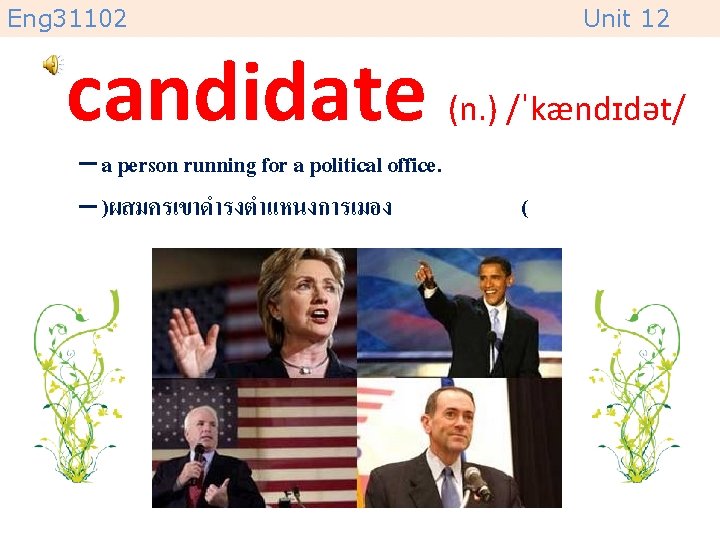 Eng 31102 Unit 12 candidate (n. ) /ˈkændɪdət/ – a person running for a