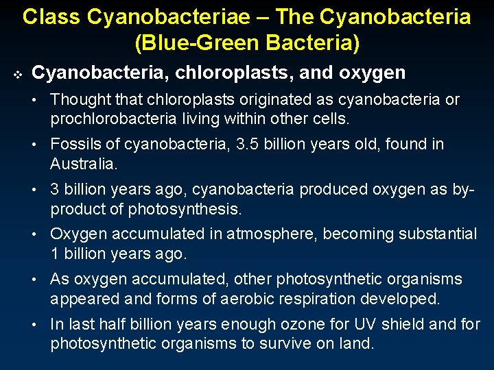 Class Cyanobacteriae – The Cyanobacteria (Blue-Green Bacteria) v Cyanobacteria, chloroplasts, and oxygen • Thought