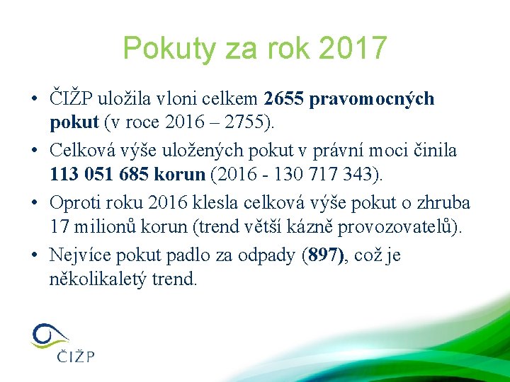 Pokuty za rok 2017 • ČIŽP uložila vloni celkem 2655 pravomocných pokut (v roce