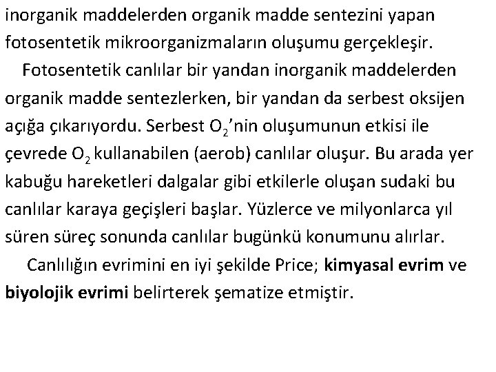 inorganik maddelerden organik madde sentezini yapan fotosentetik mikroorganizmaların oluşumu gerçekleşir. Fotosentetik canlılar bir yandan