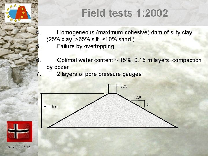 Field tests 1: 2002 4. Homogeneous (maximum cohesive) dam of silty clay (25% clay,