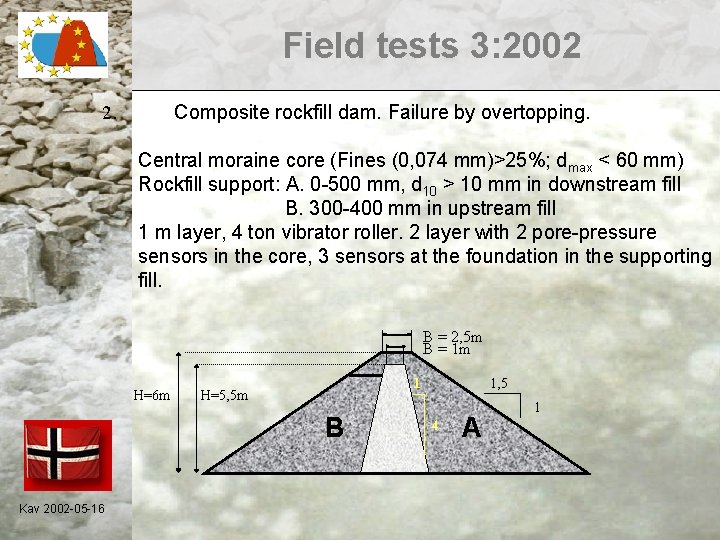 Field tests 3: 2002 2. Composite rockfill dam. Failure by overtopping. Central moraine core