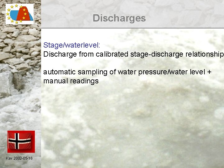 Discharges Stage/waterlevel: Discharge from calibrated stage-discharge relationship automatic sampling of water pressure/water level +