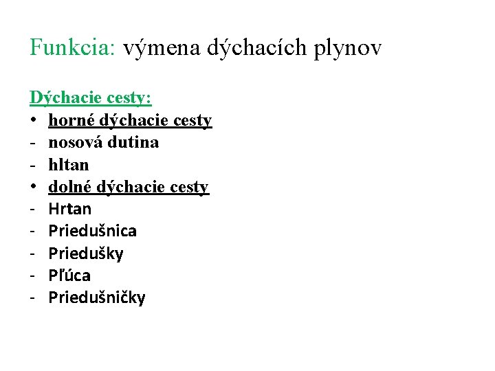Funkcia: výmena dýchacích plynov Dýchacie cesty: • horné dýchacie cesty - nosová dutina -
