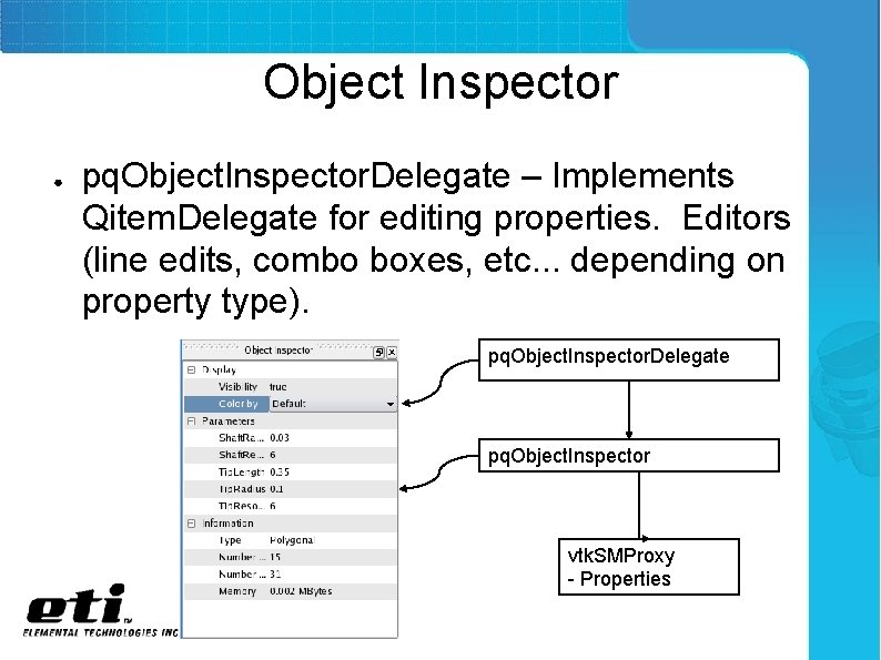 Object Inspector ● pq. Object. Inspector. Delegate – Implements Qitem. Delegate for editing properties.