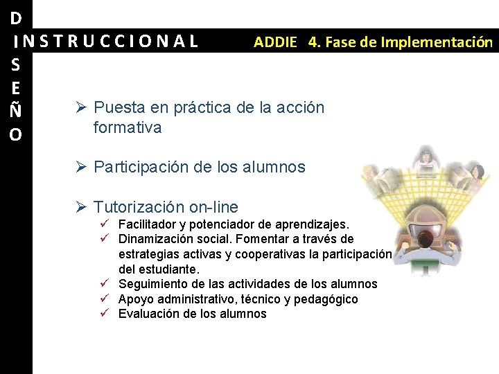 D ADDIE 4. Fase de Implementación INSTRUCCIONAL S E Ø Puesta en práctica de